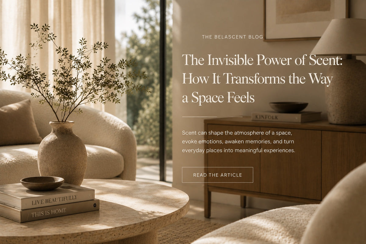 Warm sunlit Belascent-inspired interior illustrating how scent transforms the feeling of a space